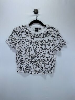 Keith Haring Graphic Crop T Shirt White Black Print Cotton Girls XL
